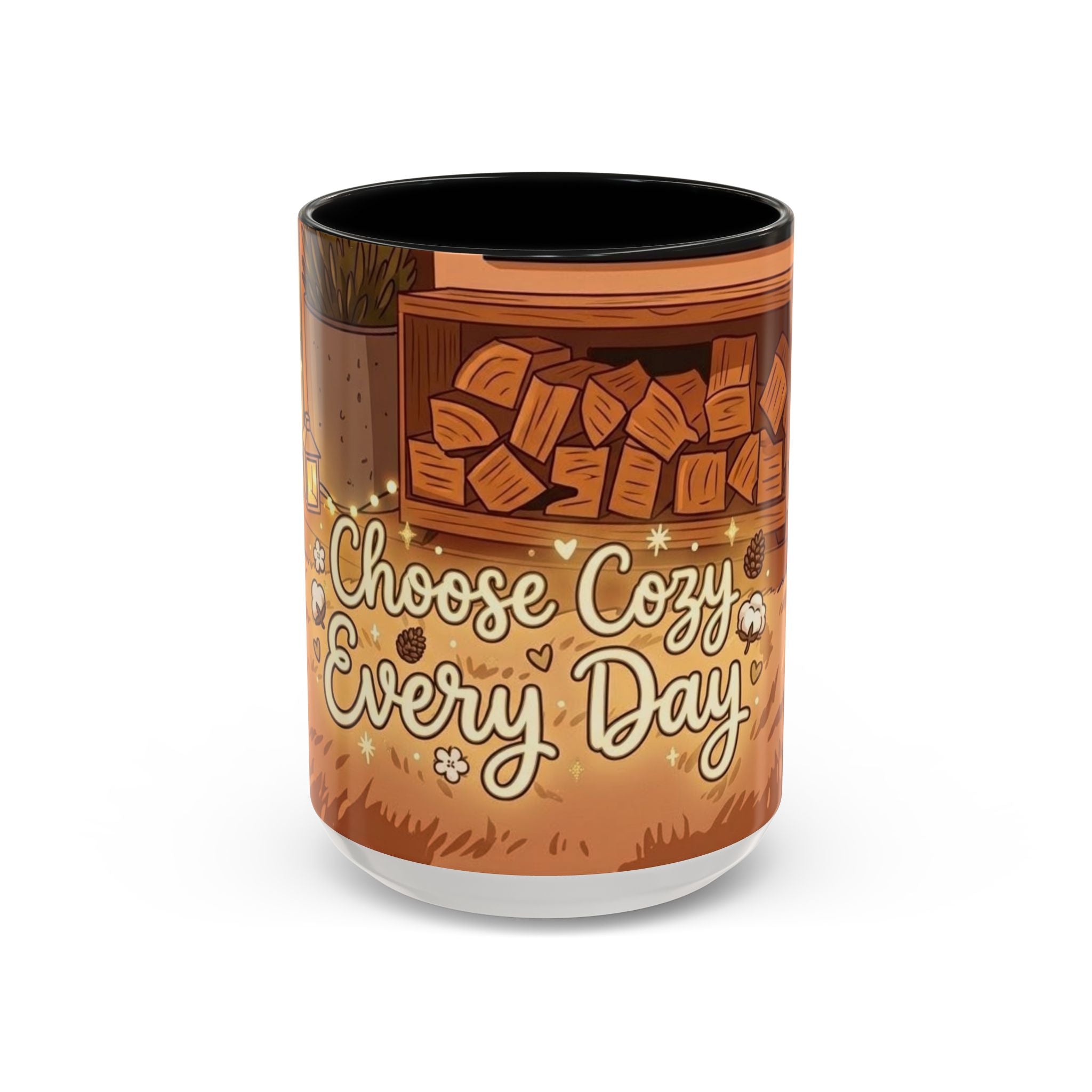 Cozy Fireplace Accent Coffee Mug — "Choose Cozy Every Day"