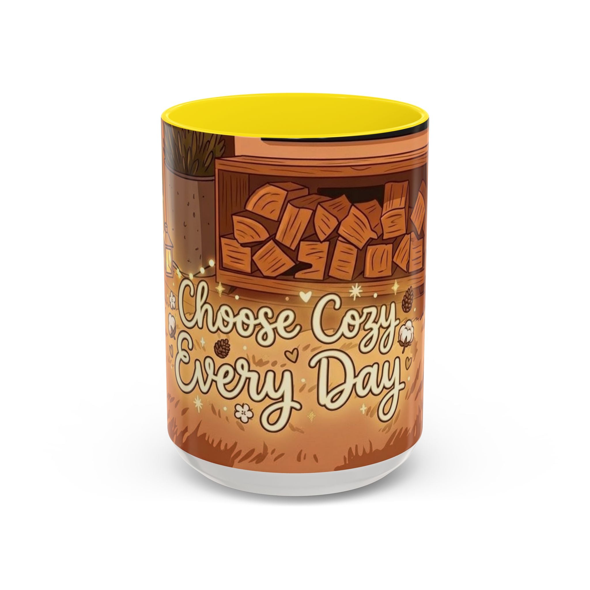 Cozy Fireplace Accent Coffee Mug — "Choose Cozy Every Day"