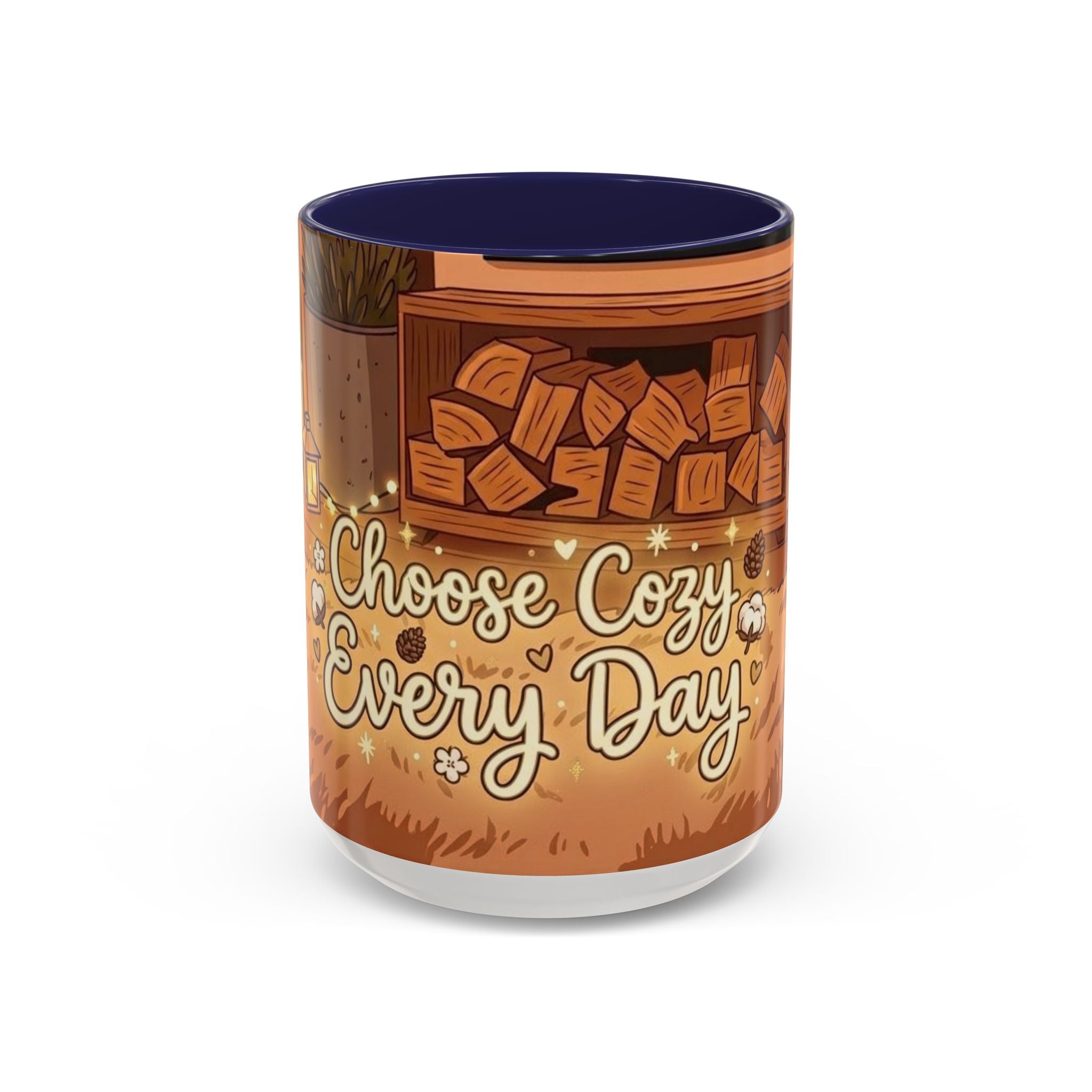 Cozy Fireplace Accent Coffee Mug — "Choose Cozy Every Day"